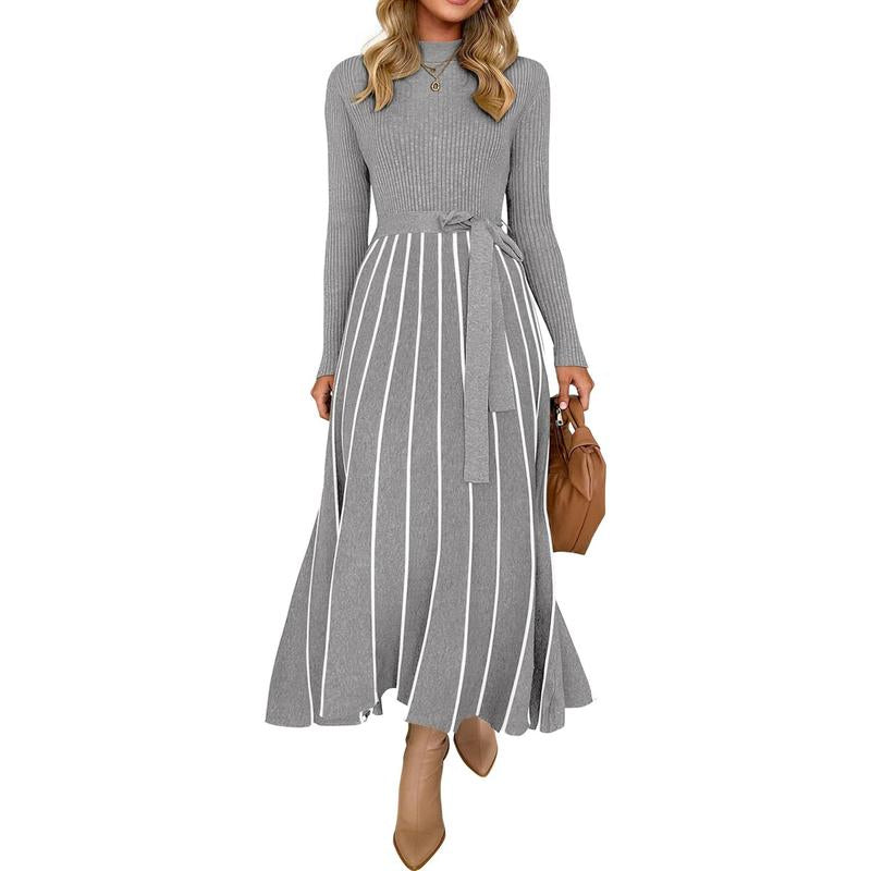 ZESICA Women's 2025 Fall Turtleneck Long Sleeve Sweater Dress with Tie Waist - Casual Loose Ribbed Knit A-Line Midi Dress