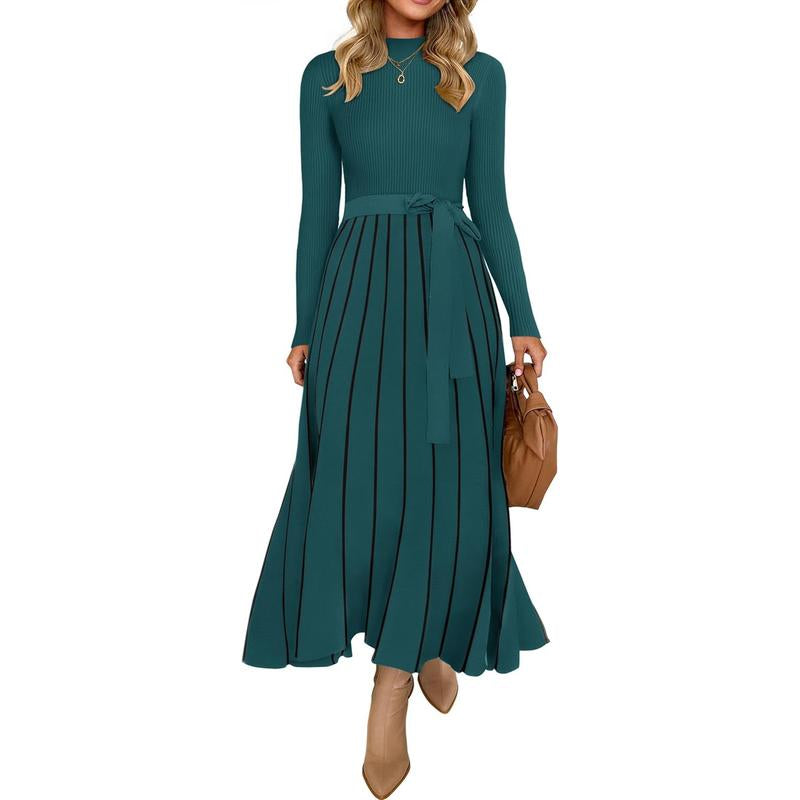 ZESICA Women's 2025 Fall Turtleneck Long Sleeve Sweater Dress with Tie Waist - Casual Loose Ribbed Knit A-Line Midi Dress