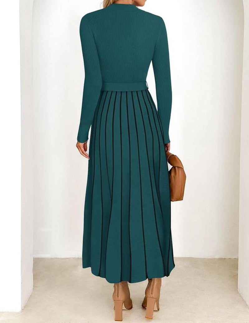 ZESICA Women's 2025 Fall Turtleneck Long Sleeve Sweater Dress with Tie Waist - Casual Loose Ribbed Knit A-Line Midi Dress
