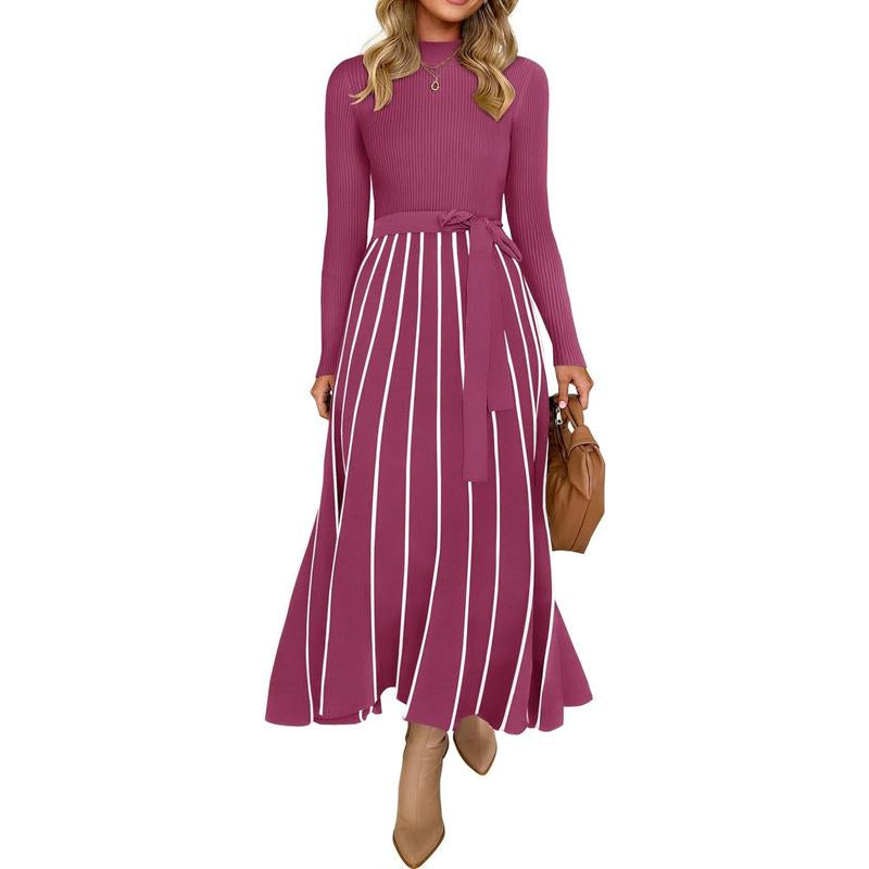 ZESICA Women's 2025 Fall Turtleneck Long Sleeve Sweater Dress with Tie Waist - Casual Loose Ribbed Knit A-Line Midi Dress