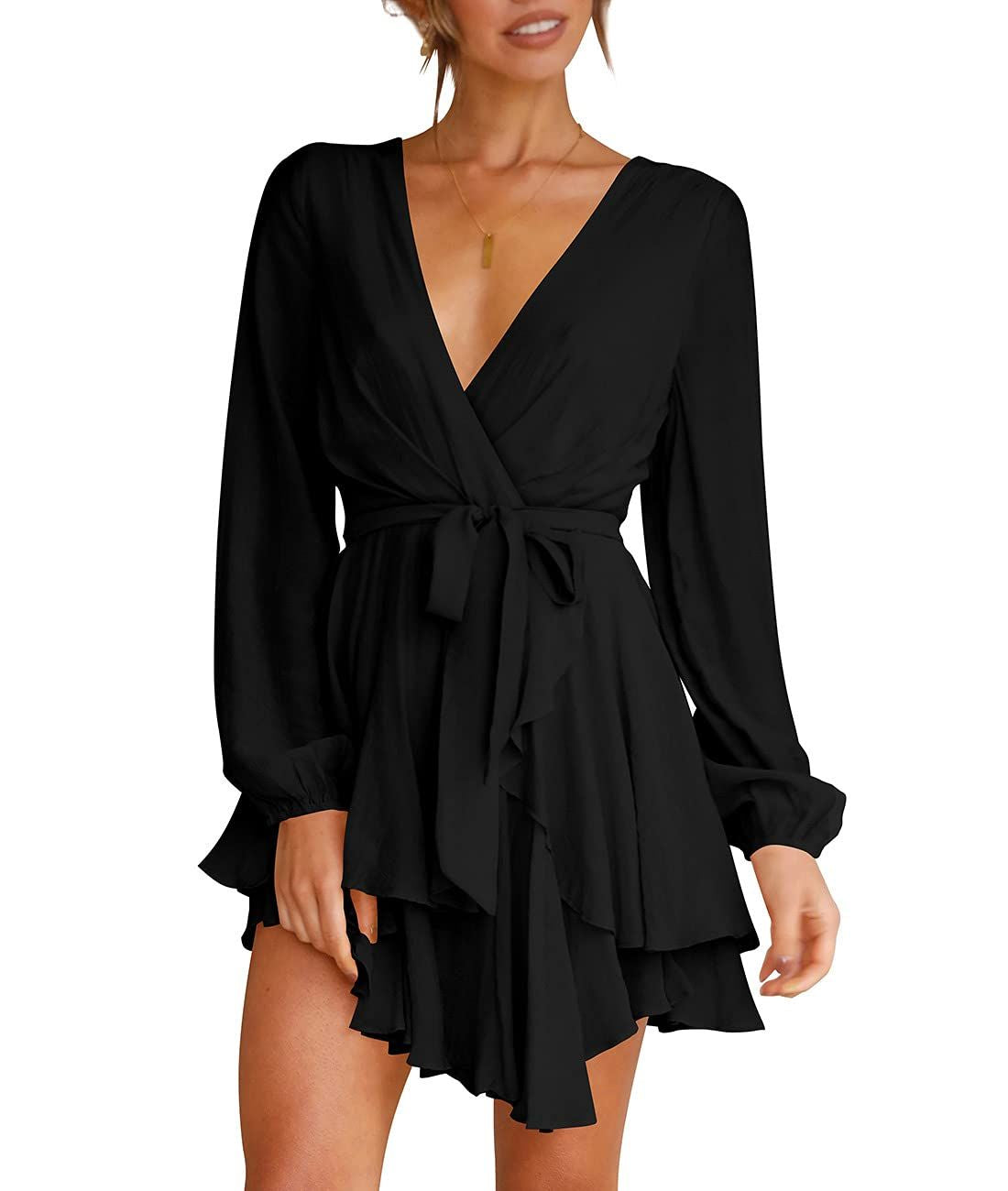 Luxury Summer Dress for Women - Deep V-Neck Long Sleeve Tie-Waist Pleated Skater Dress