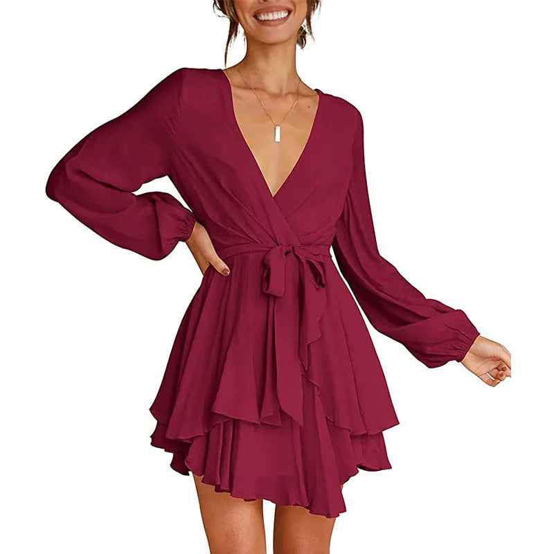 Luxury Summer Dress for Women - Deep V-Neck Long Sleeve Tie-Waist Pleated Skater Dress