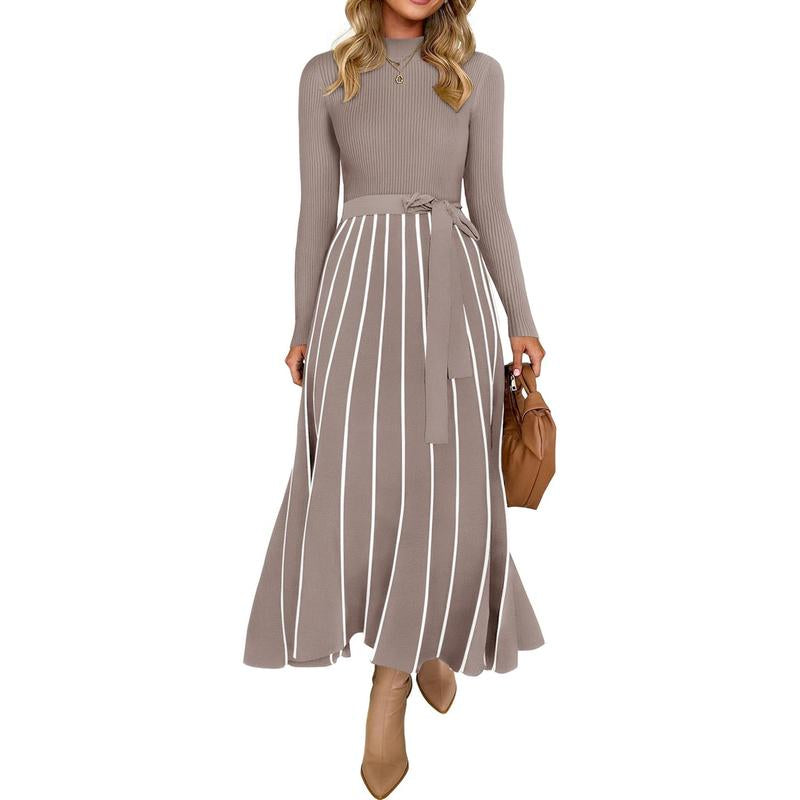 ZESICA Women's 2025 Fall Turtleneck Long Sleeve Sweater Dress with Tie Waist - Casual Loose Ribbed Knit A-Line Midi Dress