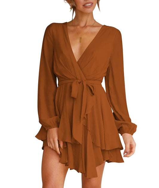 Luxury Summer Dress for Women - Deep V-Neck Long Sleeve Tie-Waist Pleated Skater Dress
