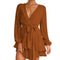 Luxury Summer Dress for Women - Deep V-Neck Long Sleeve Tie-Waist Pleated Skater Dress
