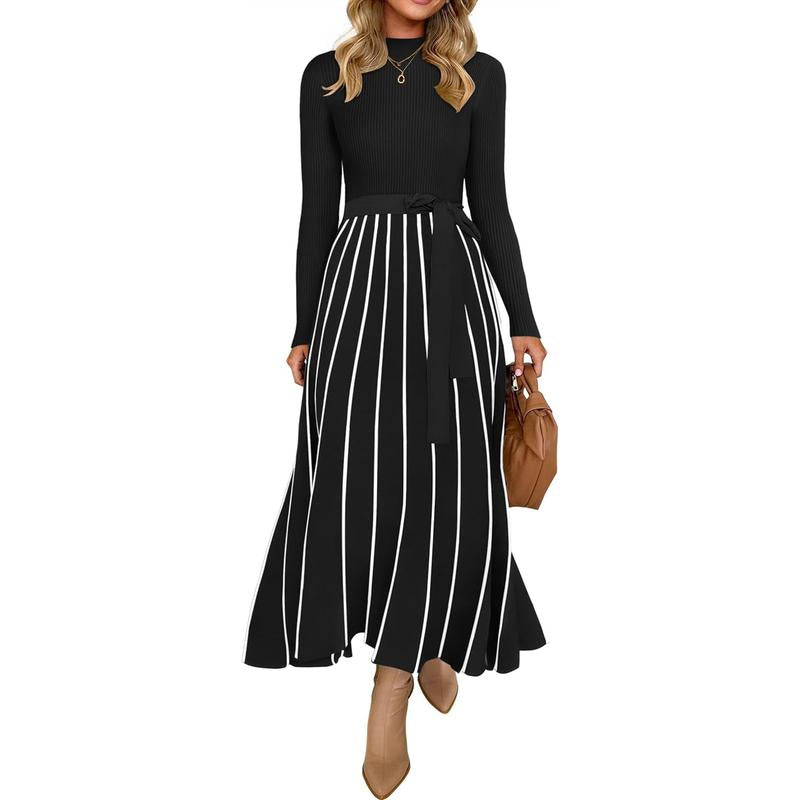 ZESICA Women's 2025 Fall Turtleneck Long Sleeve Sweater Dress with Tie Waist - Casual Loose Ribbed Knit A-Line Midi Dress