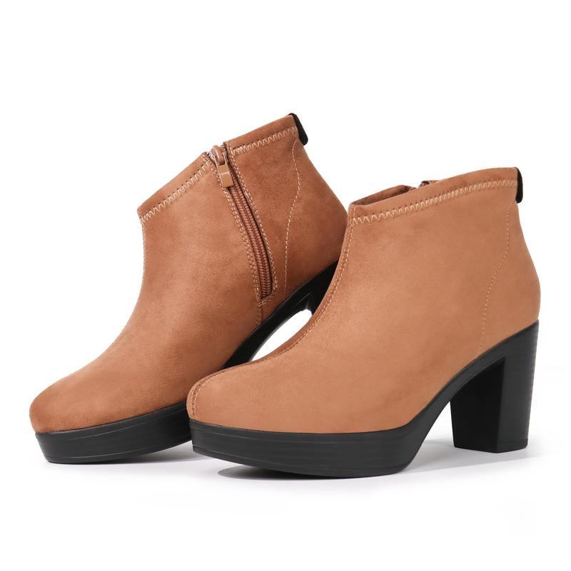 Hawkwell Women's Suede Ankle Boots with Arch Support and Side Zipper, Comfortable Chunky Block Heel Footwear in Brown