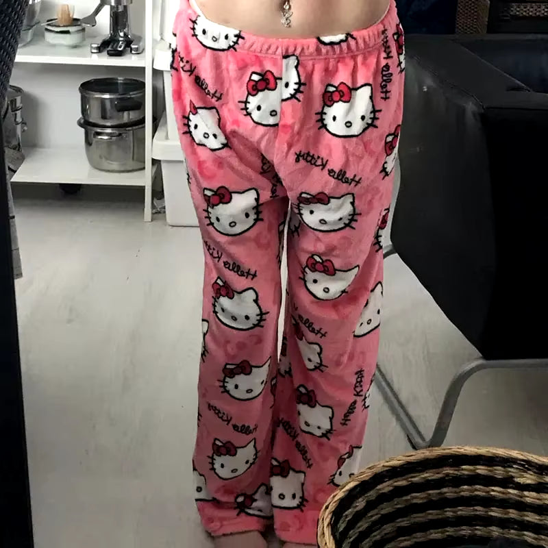 Y2K Hello Kitty Pajama Pants for Women - Sanrio Anime Cartoon Couple Sleepwear Trousers for Home Leisure