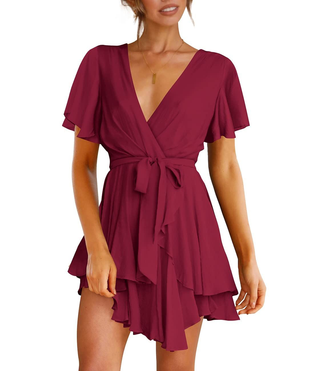 Luxury Summer Dress for Women - Deep V-Neck Long Sleeve Tie-Waist Pleated Skater Dress