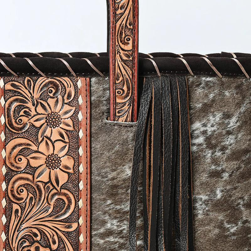 Stylish American Darling Cowhide Leather Tote Bag with Floral Tooled Design, Fringe Accents & Sturdy Handles