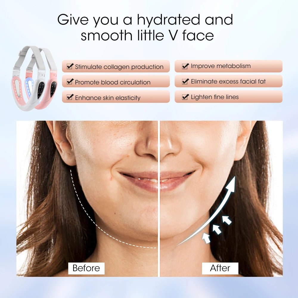 LED Photon Therapy Facial Lifting and Slimming Device with Vibration and Heat for Double Chin Reduction