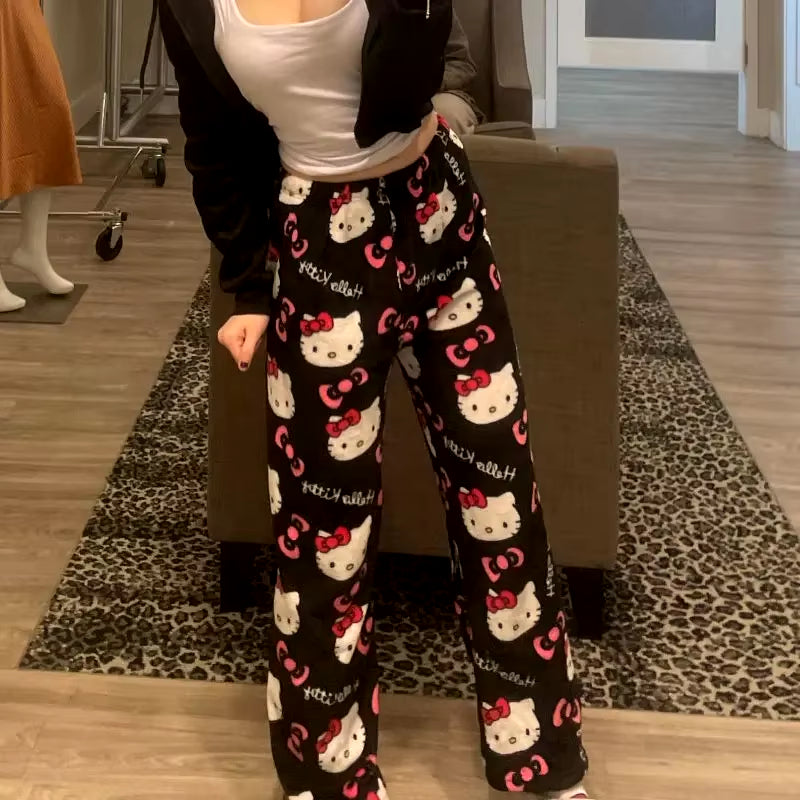 Y2K Hello Kitty Pajama Pants for Women - Sanrio Anime Cartoon Couple Sleepwear Trousers for Home Leisure