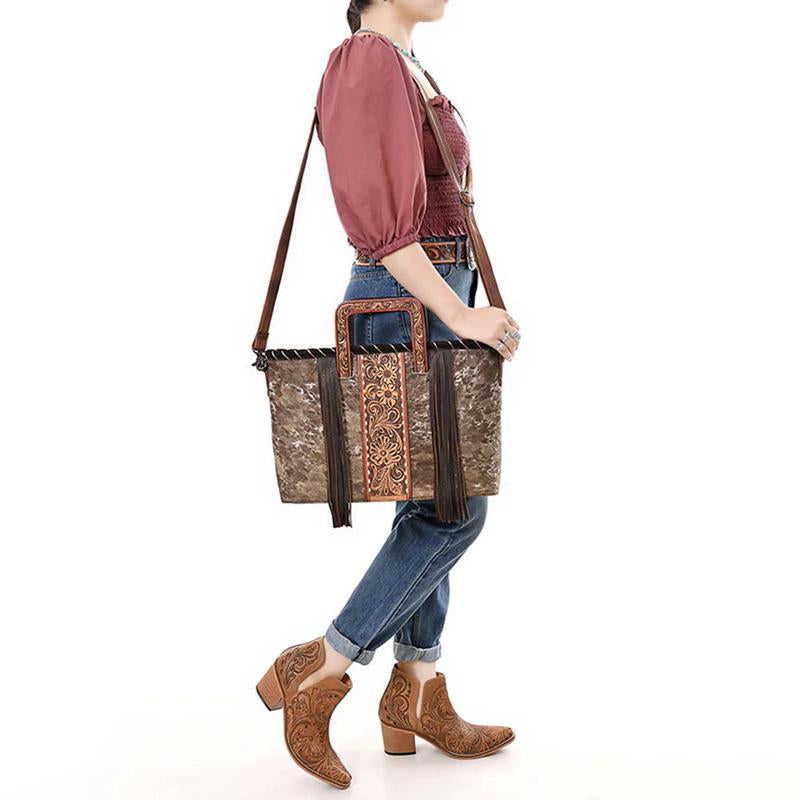 Stylish American Darling Cowhide Leather Tote Bag with Floral Tooled Design, Fringe Accents & Sturdy Handles