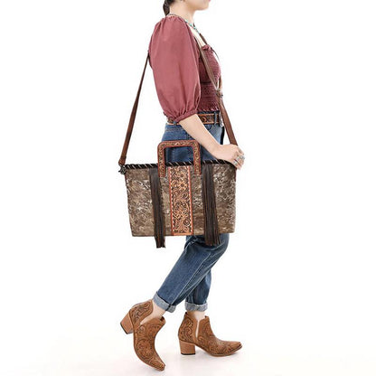 Stylish American Darling Cowhide Leather Tote Bag with Floral Tooled Design, Fringe Accents & Sturdy Handles