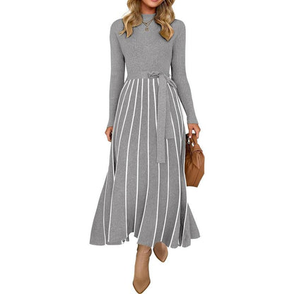 ZESICA Women's 2025 Fall Turtleneck Long Sleeve Sweater Dress with Tie Waist - Casual Loose Ribbed Knit A-Line Midi Dress