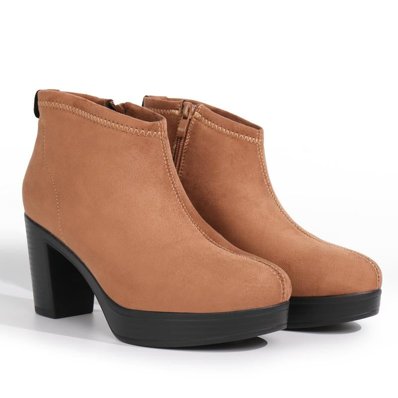 Hawkwell Women's Suede Ankle Boots with Arch Support and Side Zipper, Comfortable Chunky Block Heel Footwear in Brown