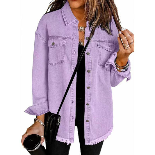 Women's Oversized Distressed Denim Jacket - Casual Long Sleeve Fall Apparel