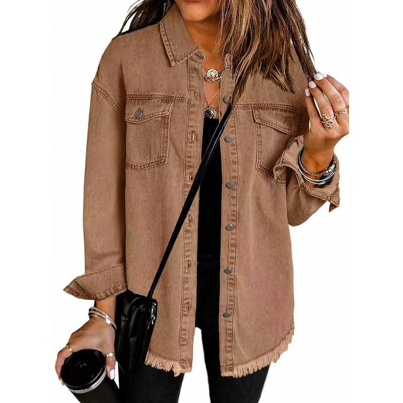 Women's Oversized Distressed Denim Jacket - Casual Long Sleeve Fall Apparel