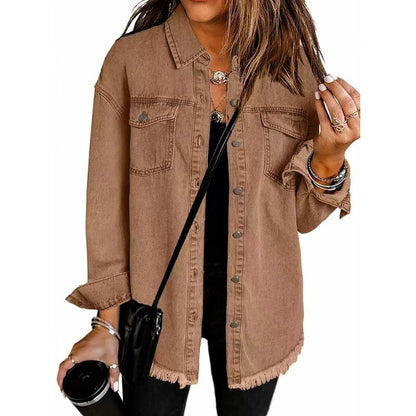 Women's Oversized Distressed Denim Jacket - Casual Long Sleeve Fall Apparel