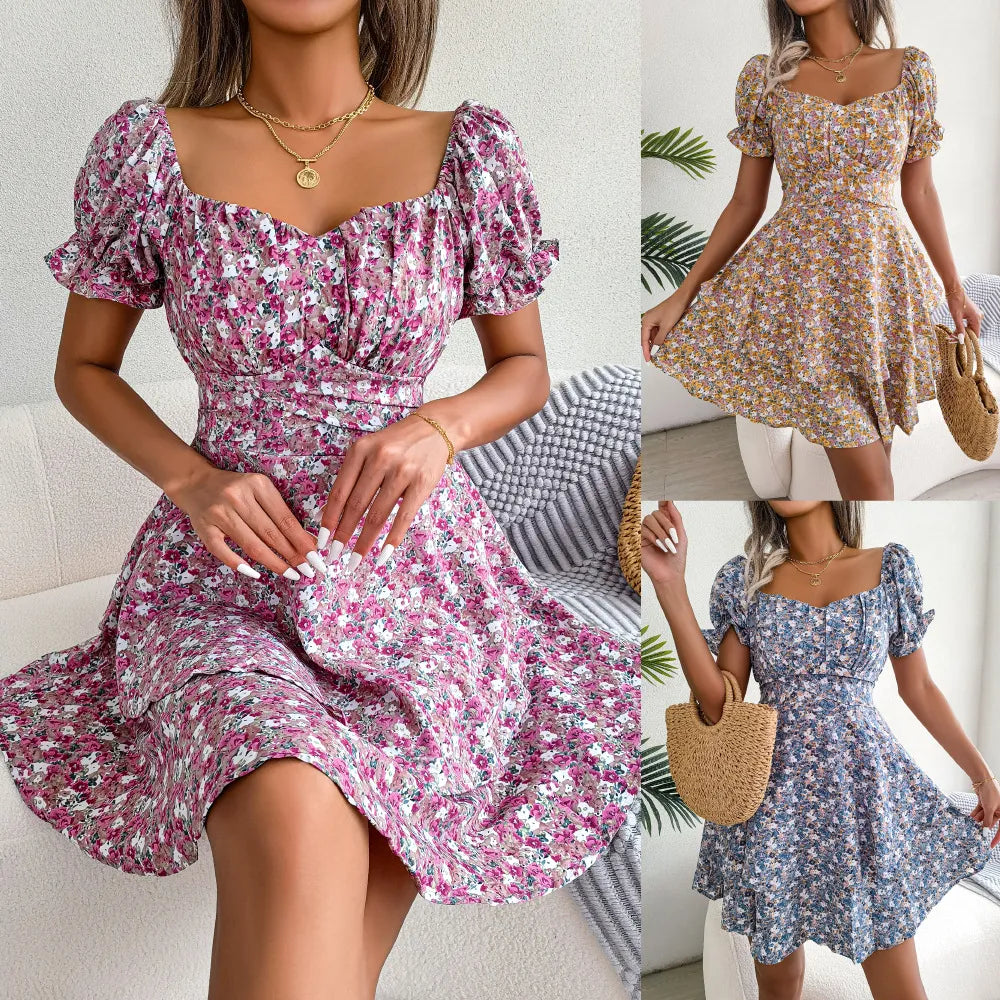 Floral Lace-Up Dress for Women - Stylish Mid-Waist Short Sleeves for Spring & Summer Comfort