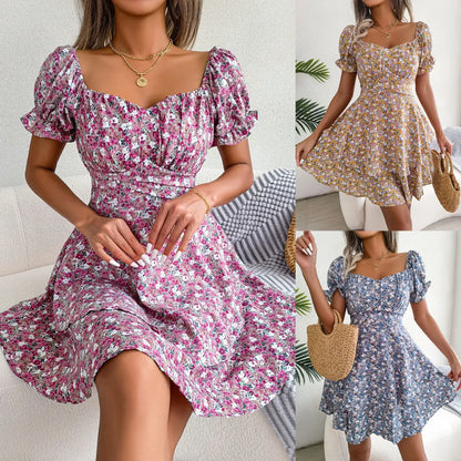 Floral Lace-Up Dress for Women - Stylish Mid-Waist Short Sleeves for Spring & Summer Comfort