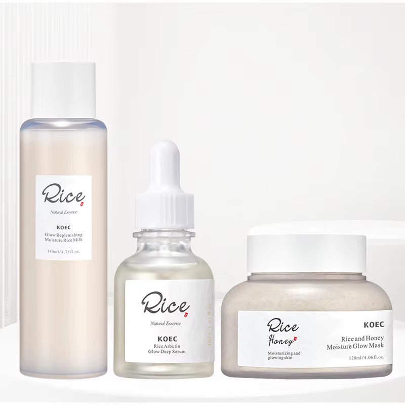 Luxury Korean Beauty Rice Honey Facial Skincare Set - 3 Pieces: Moisturizing Arbutin Serum, Milk Toner, and Glow Mask