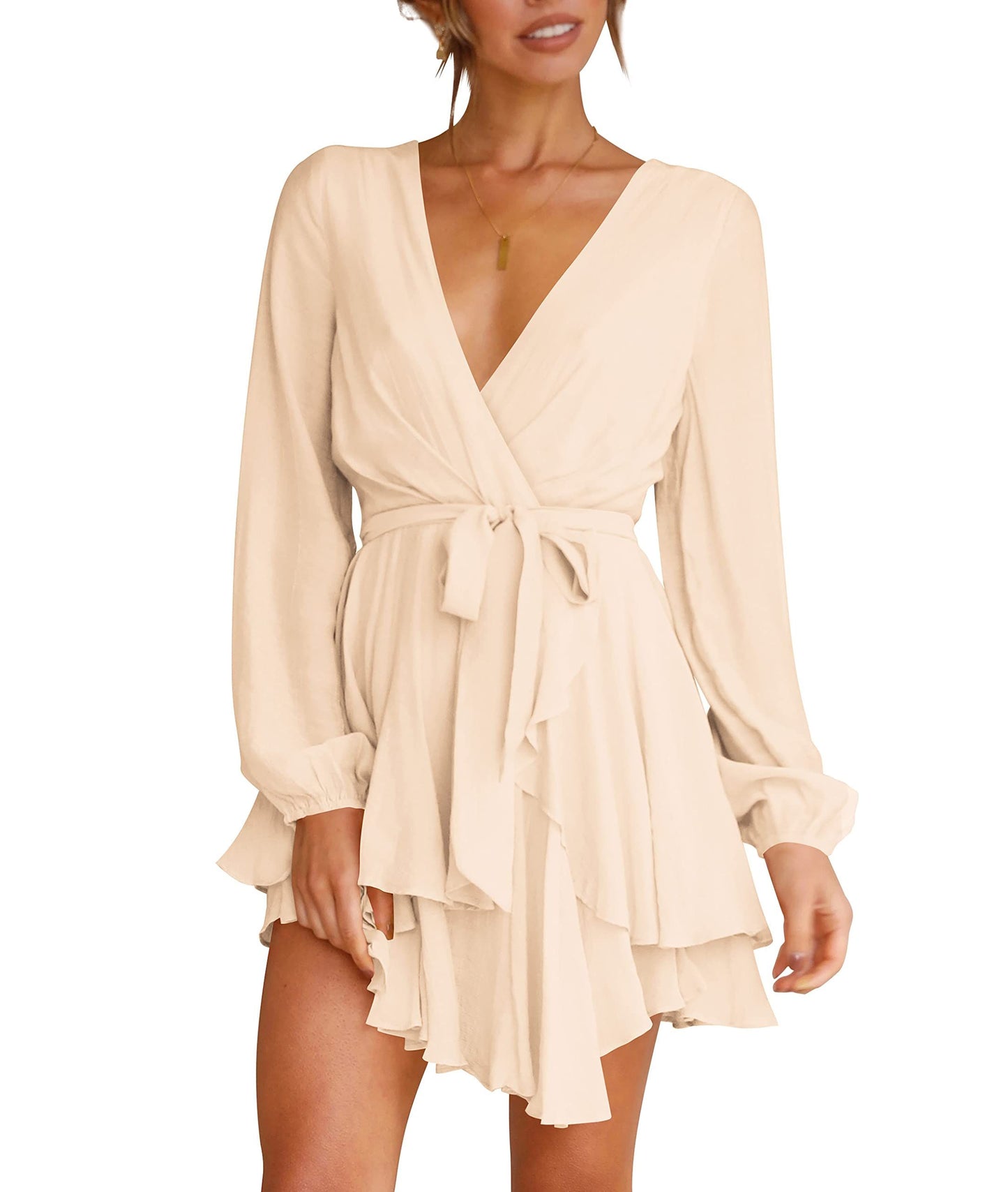 Luxury Summer Dress for Women - Deep V-Neck Long Sleeve Tie-Waist Pleated Skater Dress