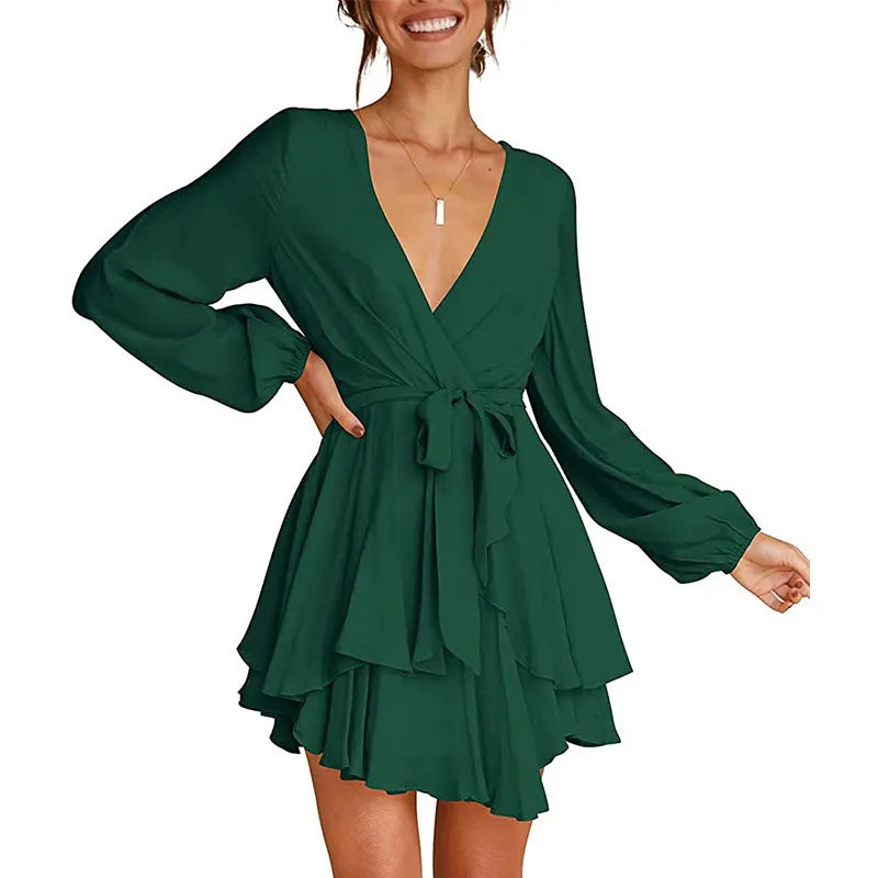 Luxury Summer Dress for Women - Deep V-Neck Long Sleeve Tie-Waist Pleated Skater Dress