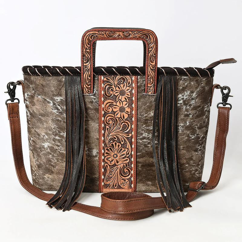 Stylish American Darling Cowhide Leather Tote Bag with Floral Tooled Design, Fringe Accents & Sturdy Handles