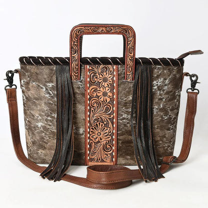 Stylish American Darling Cowhide Leather Tote Bag with Floral Tooled Design, Fringe Accents & Sturdy Handles