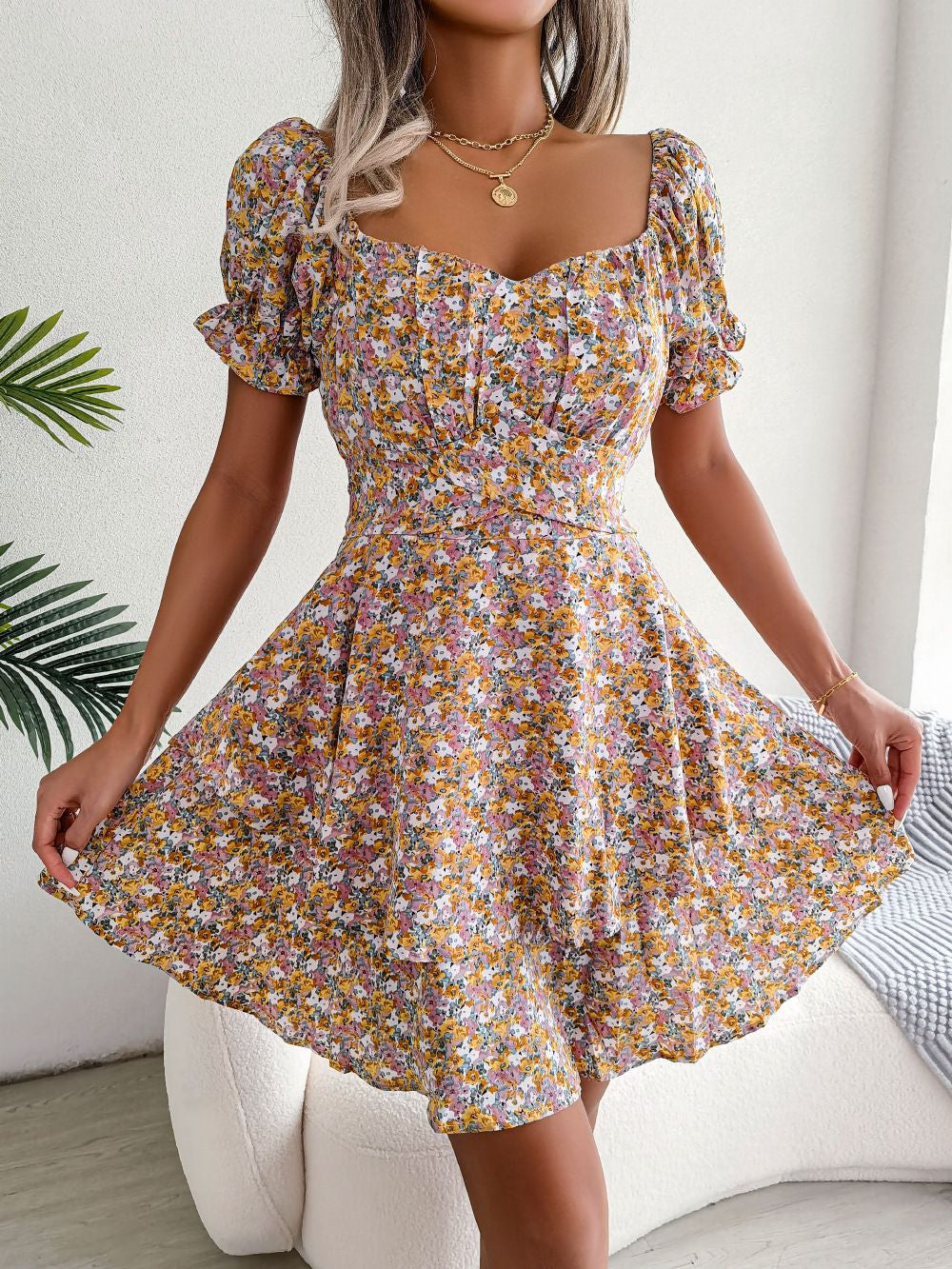 Floral Lace-Up Dress for Women - Stylish Mid-Waist Short Sleeves for Spring & Summer Comfort