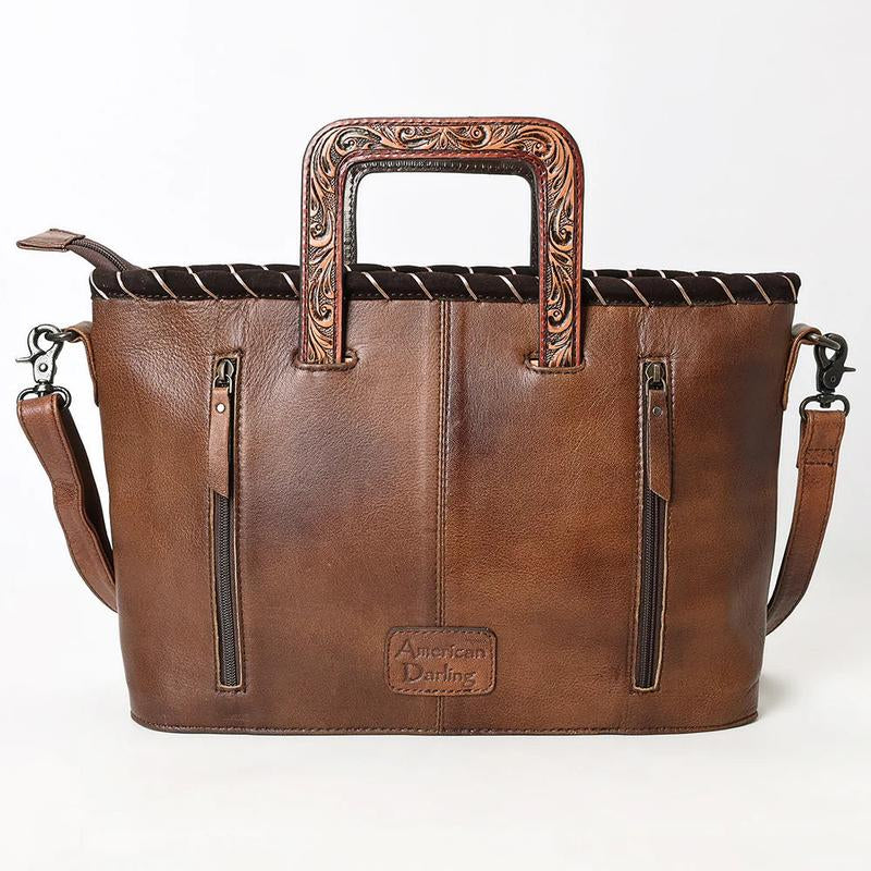 Stylish American Darling Cowhide Leather Tote Bag with Floral Tooled Design, Fringe Accents & Sturdy Handles