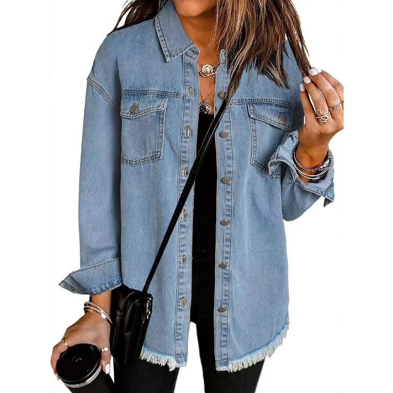 Women's Oversized Distressed Denim Jacket - Casual Long Sleeve Fall Apparel