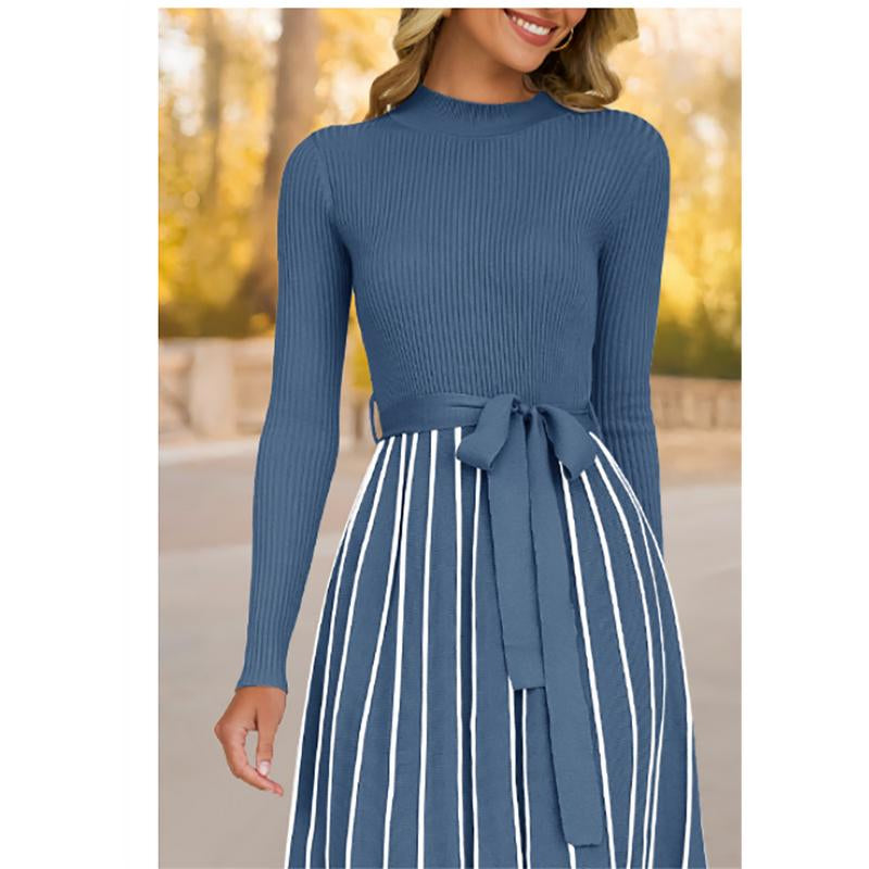 ZESICA Women's 2025 Fall Turtleneck Long Sleeve Sweater Dress with Tie Waist - Casual Loose Ribbed Knit A-Line Midi Dress