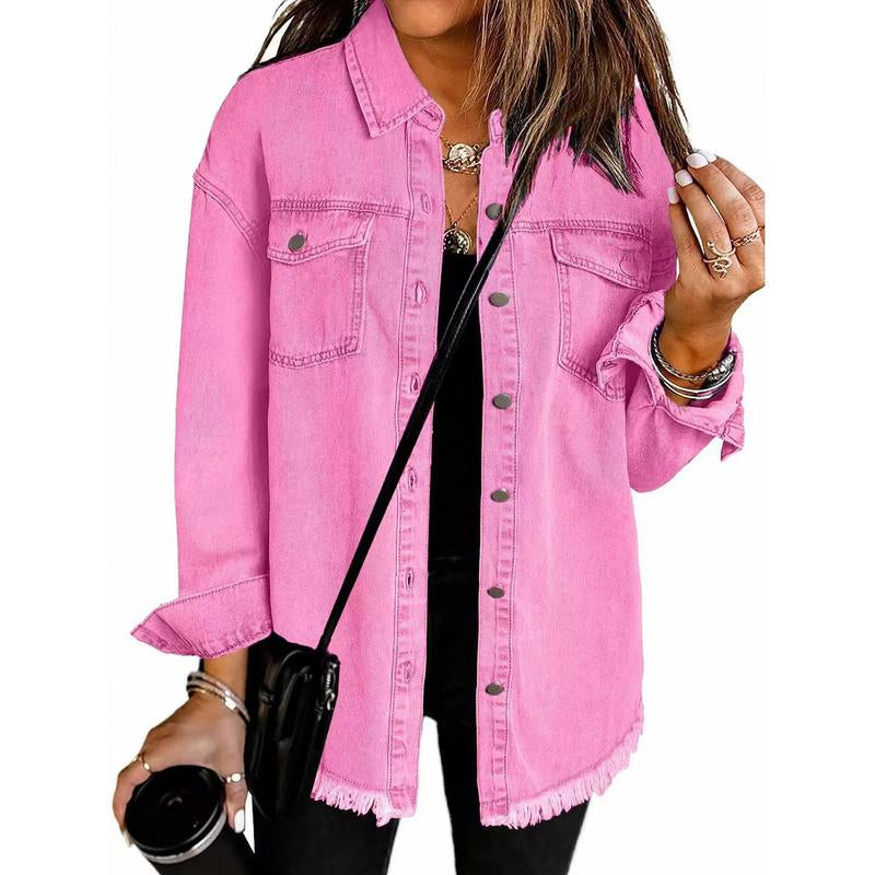 Women's Oversized Distressed Denim Jacket - Casual Long Sleeve Fall Apparel