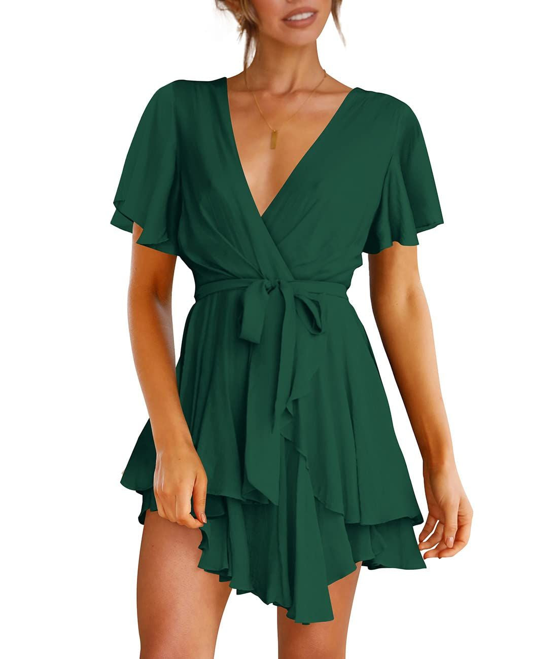 Luxury Summer Dress for Women - Deep V-Neck Long Sleeve Tie-Waist Pleated Skater Dress