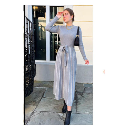 ZESICA Women's 2025 Fall Turtleneck Long Sleeve Sweater Dress with Tie Waist - Casual Loose Ribbed Knit A-Line Midi Dress
