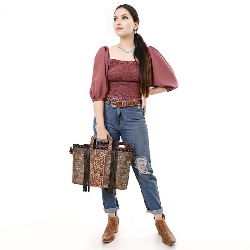 Stylish American Darling Cowhide Leather Tote Bag with Floral Tooled Design, Fringe Accents & Sturdy Handles