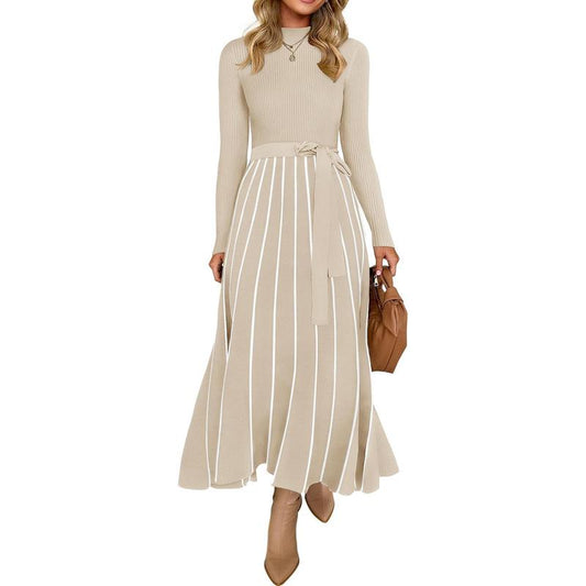 ZESICA Women's 2025 Fall Turtleneck Long Sleeve Sweater Dress with Tie Waist - Casual Loose Ribbed Knit A-Line Midi Dress