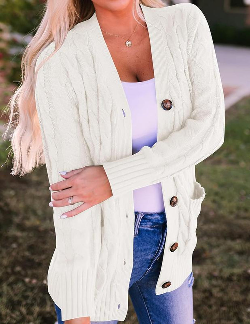 MEROKEETY Women's 2024 Fall Long Sleeve Cable Knit Open Front Cardigan with Buttons - Stylish Loose Outerwear for Everyday Wear
