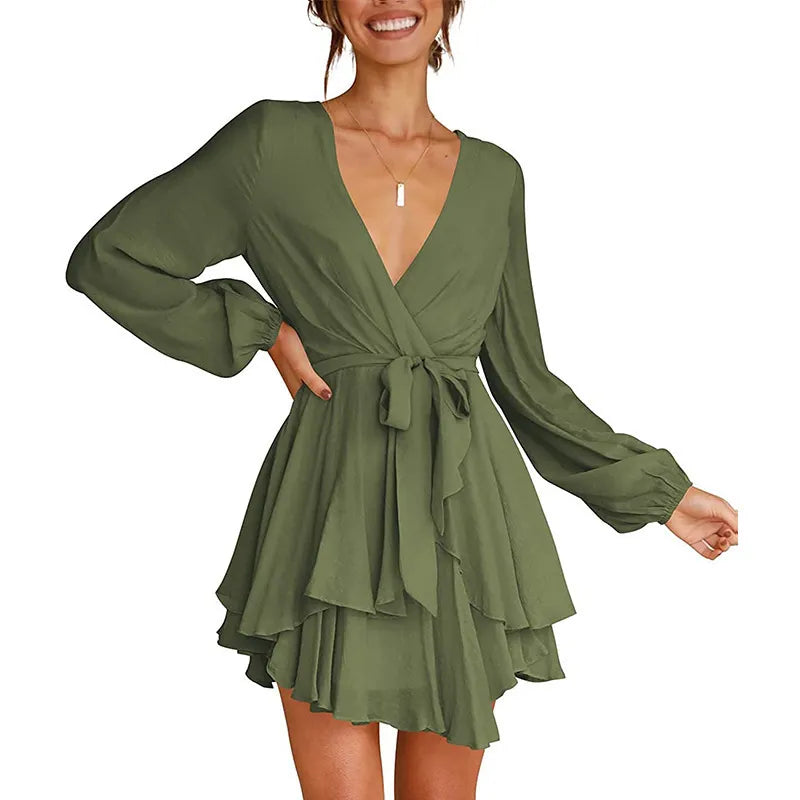 Luxury Summer Dress for Women - Deep V-Neck Long Sleeve Tie-Waist Pleated Skater Dress