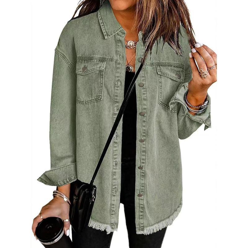 Women's Oversized Distressed Denim Jacket - Casual Long Sleeve Fall Apparel