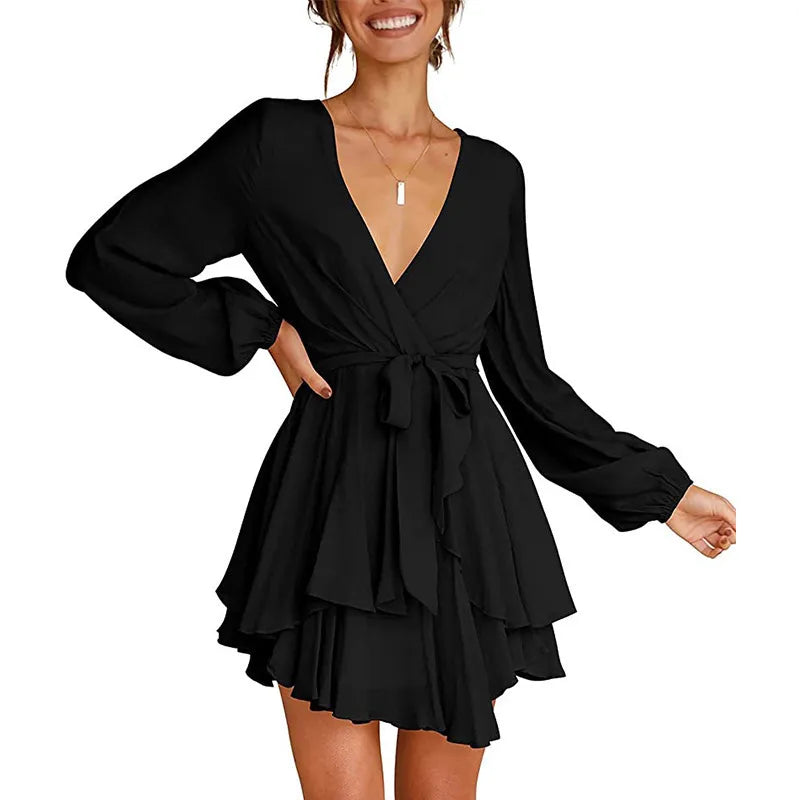 Luxury Summer Dress for Women - Deep V-Neck Long Sleeve Tie-Waist Pleated Skater Dress