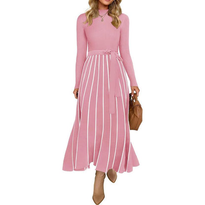 ZESICA Women's 2025 Fall Turtleneck Long Sleeve Sweater Dress with Tie Waist - Casual Loose Ribbed Knit A-Line Midi Dress
