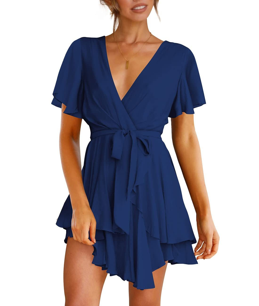 Luxury Summer Dress for Women - Deep V-Neck Long Sleeve Tie-Waist Pleated Skater Dress
