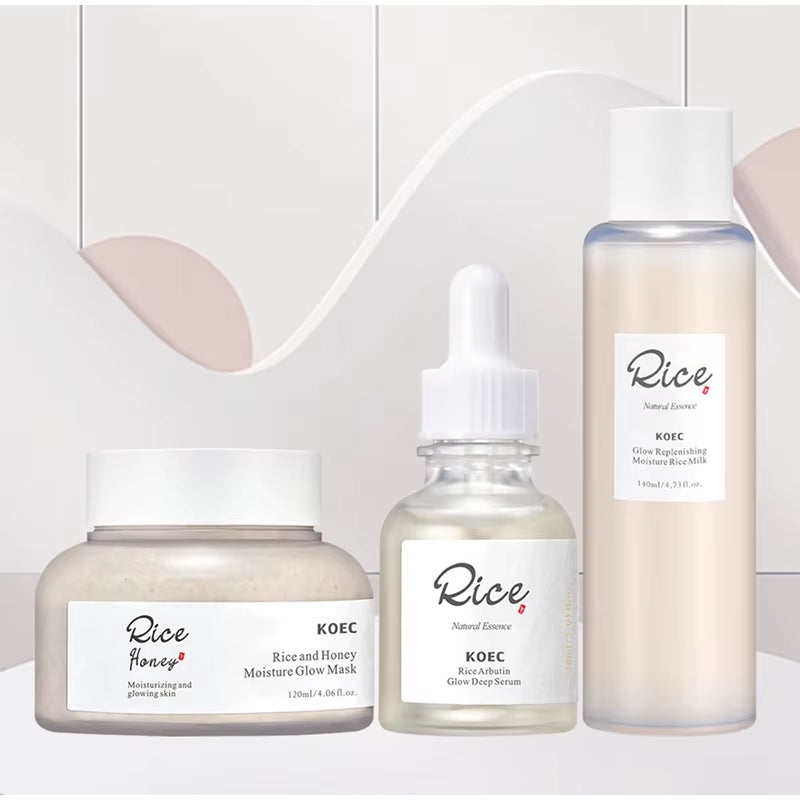 Luxury Korean Beauty Rice Honey Facial Skincare Set - 3 Pieces: Moisturizing Arbutin Serum, Milk Toner, and Glow Mask