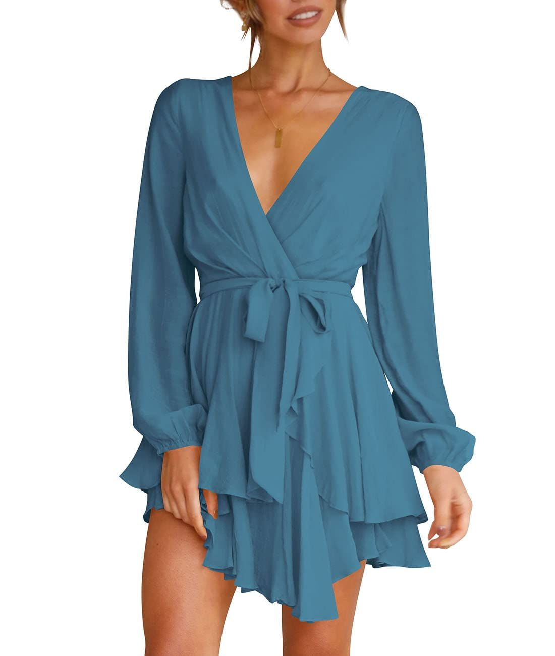 Luxury Summer Dress for Women - Deep V-Neck Long Sleeve Tie-Waist Pleated Skater Dress