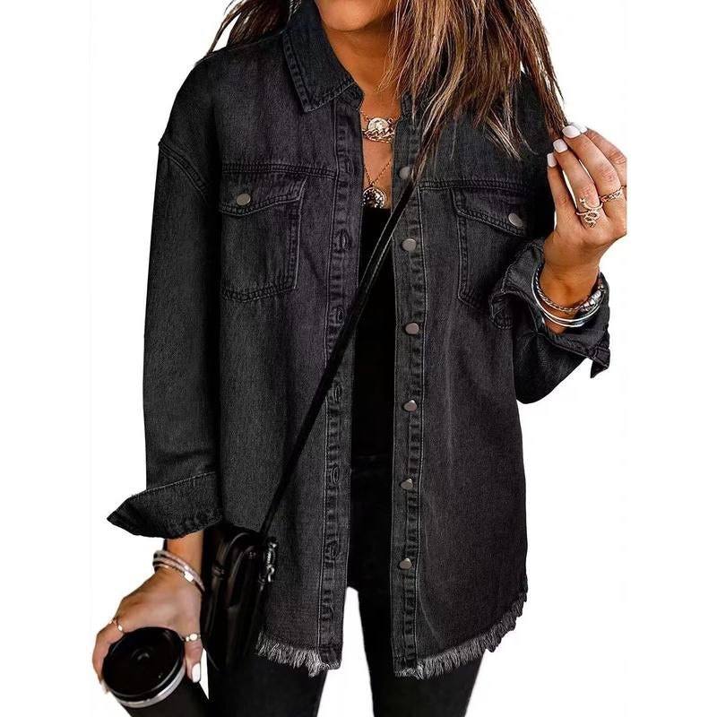 Women's Oversized Distressed Denim Jacket - Casual Long Sleeve Fall Apparel