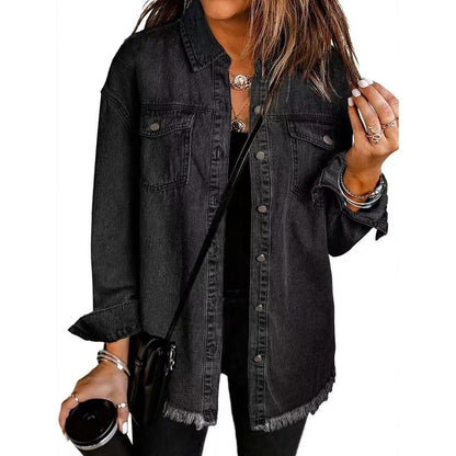 Women's Oversized Distressed Denim Jacket - Casual Long Sleeve Fall Apparel