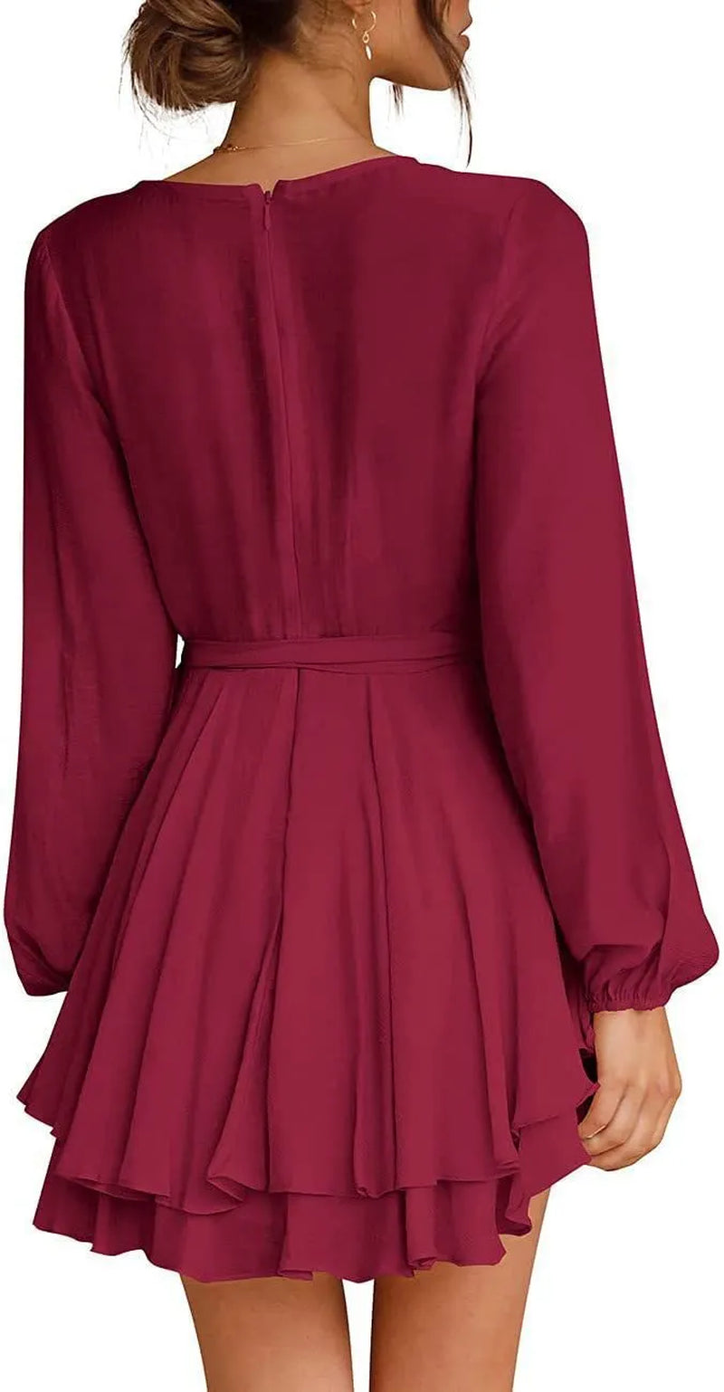 Luxury Summer Dress for Women - Deep V-Neck Long Sleeve Tie-Waist Pleated Skater Dress